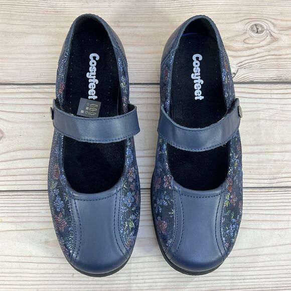 Cosyfeet Laura Shoes Women 9 Navy Blue Floral Mary Jane Extra Roomy Comfort Flat - Picture 2 of 16